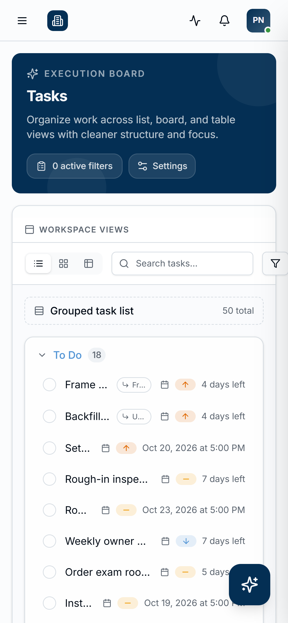The Tasks screen in a phone browser, a grouped list of tasks under To Do with due dates and priority marks.