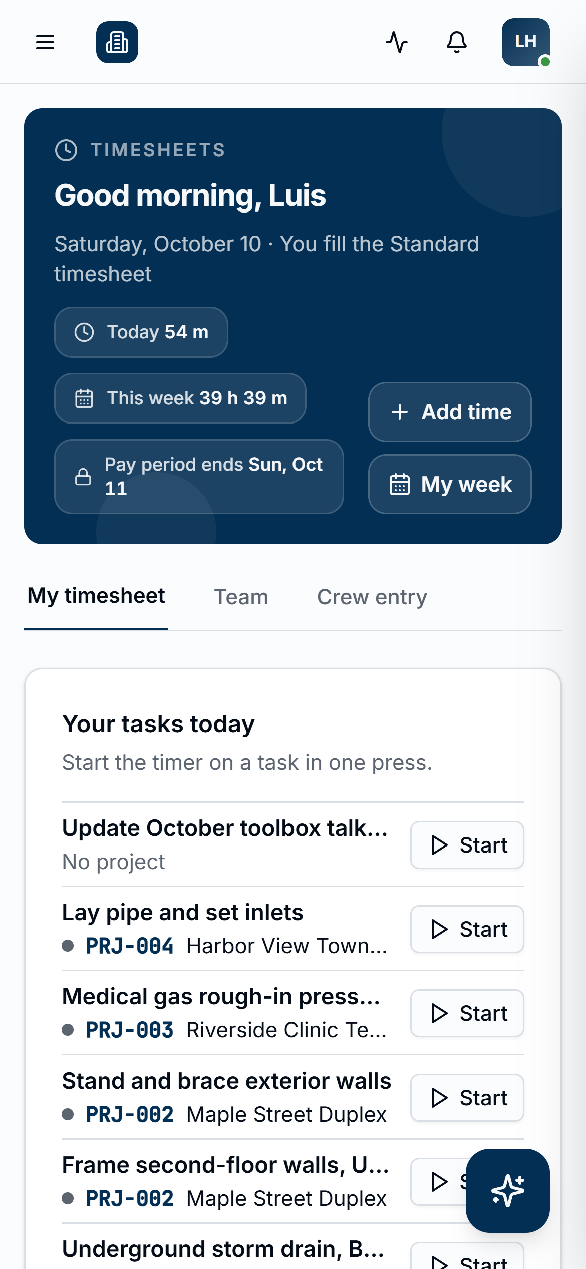 The Timesheets home screen in a phone browser: a greeting, today's and this week's hours, an Add time button and the day's tasks, each with a Start button.